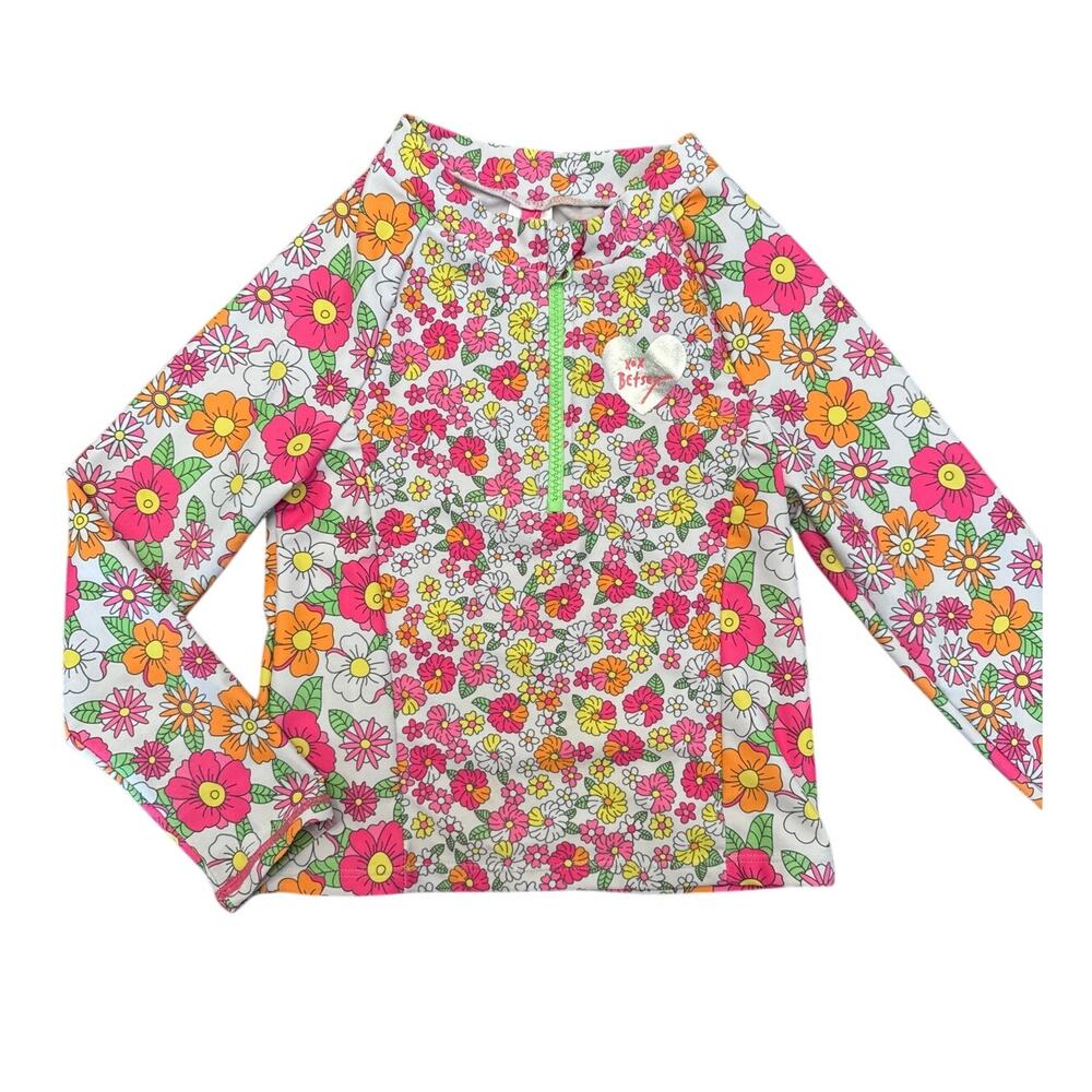 Betsey Johnson Girls Floral Rash Guard Swim Top Pink Yellow Orange 7/8